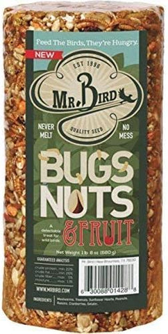 Mr. Bird Bugs Nuts & Fruit seed cylinder close-up shows an easy-dispense, nutrient-rich mix.