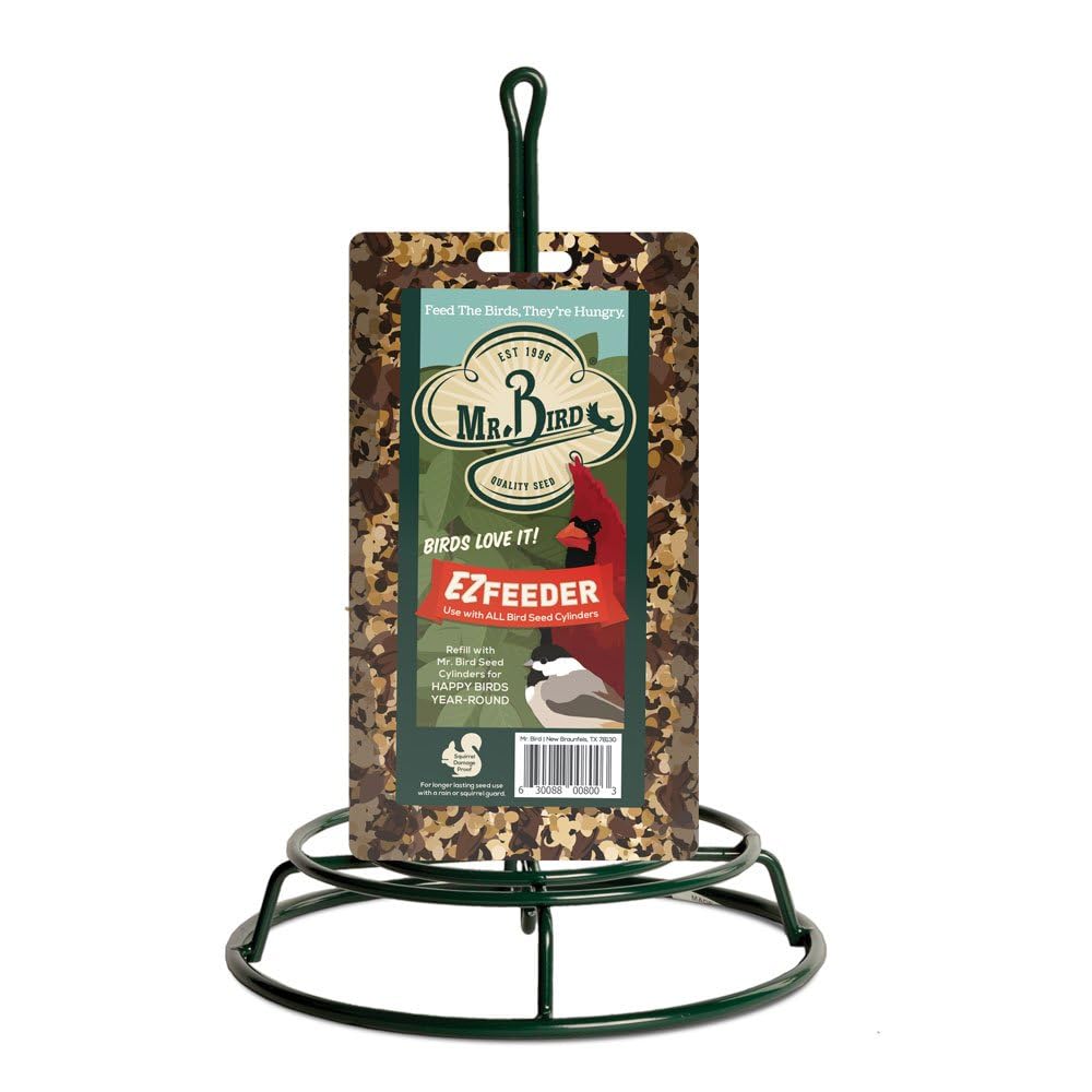 Mr. Bird EZ Feeder front view shows a sturdy seed cylinder holder for versatile backyard feeding.