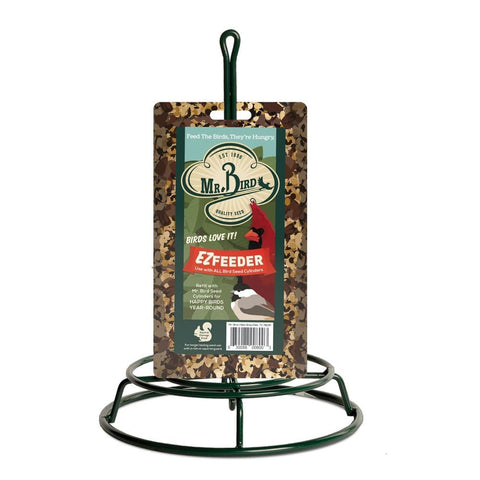 Mr. Bird EZ Feeder front view shows a sturdy seed cylinder holder for versatile backyard feeding.