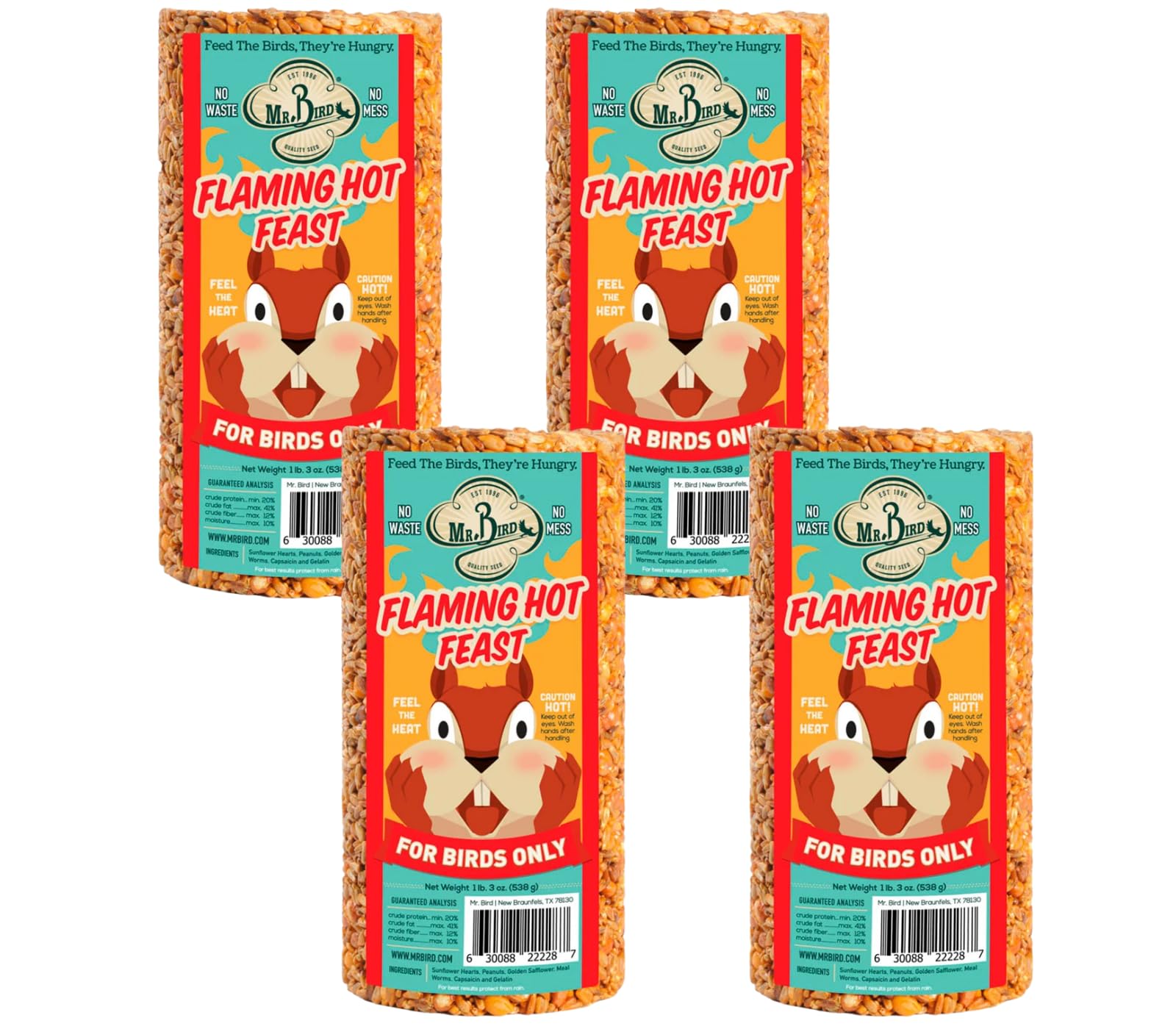 Mr. Bird Flaming Hot Feast 4-pack cylinder block ready for outdoor feeding