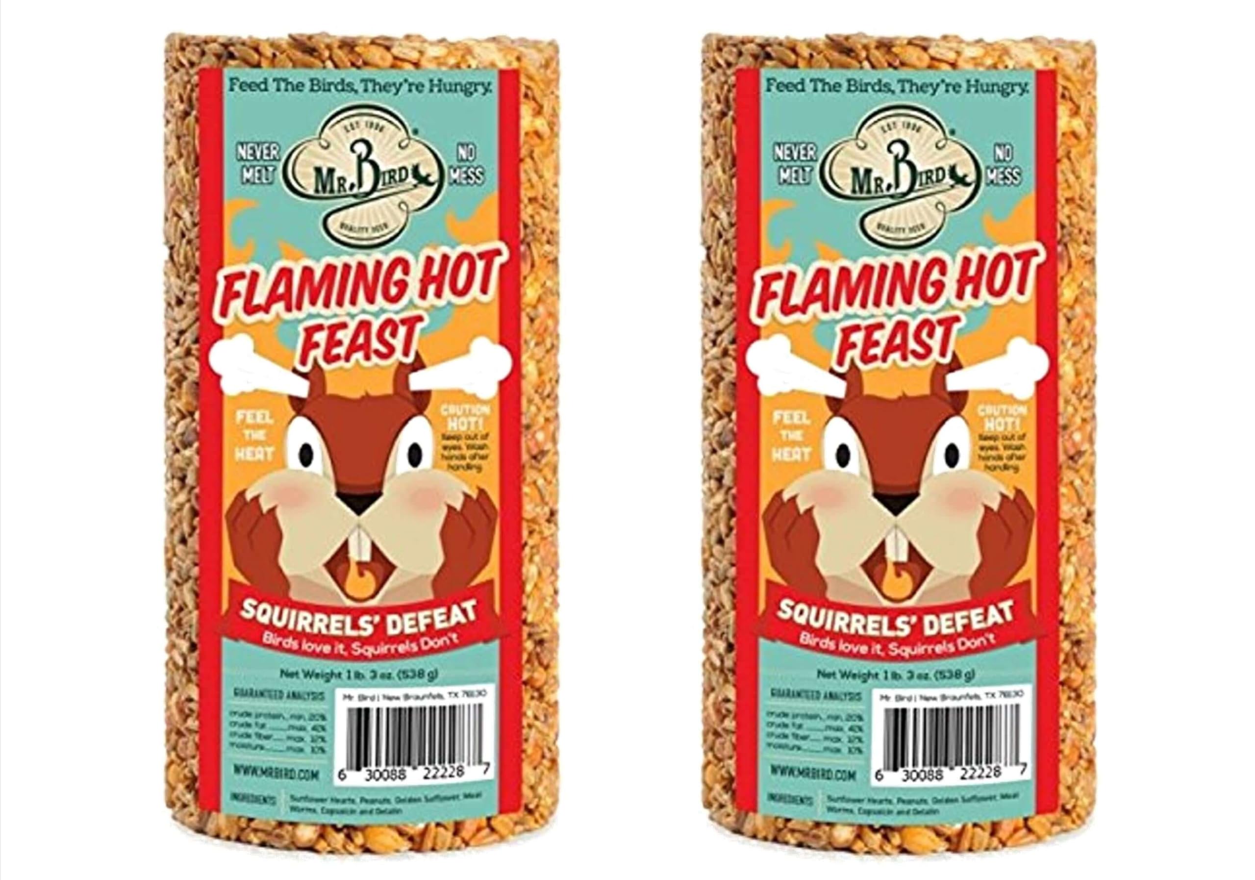 Mr. Bird Flaming Hot Feast cylinder attracts a variety of backyard birds to the feeder year-round