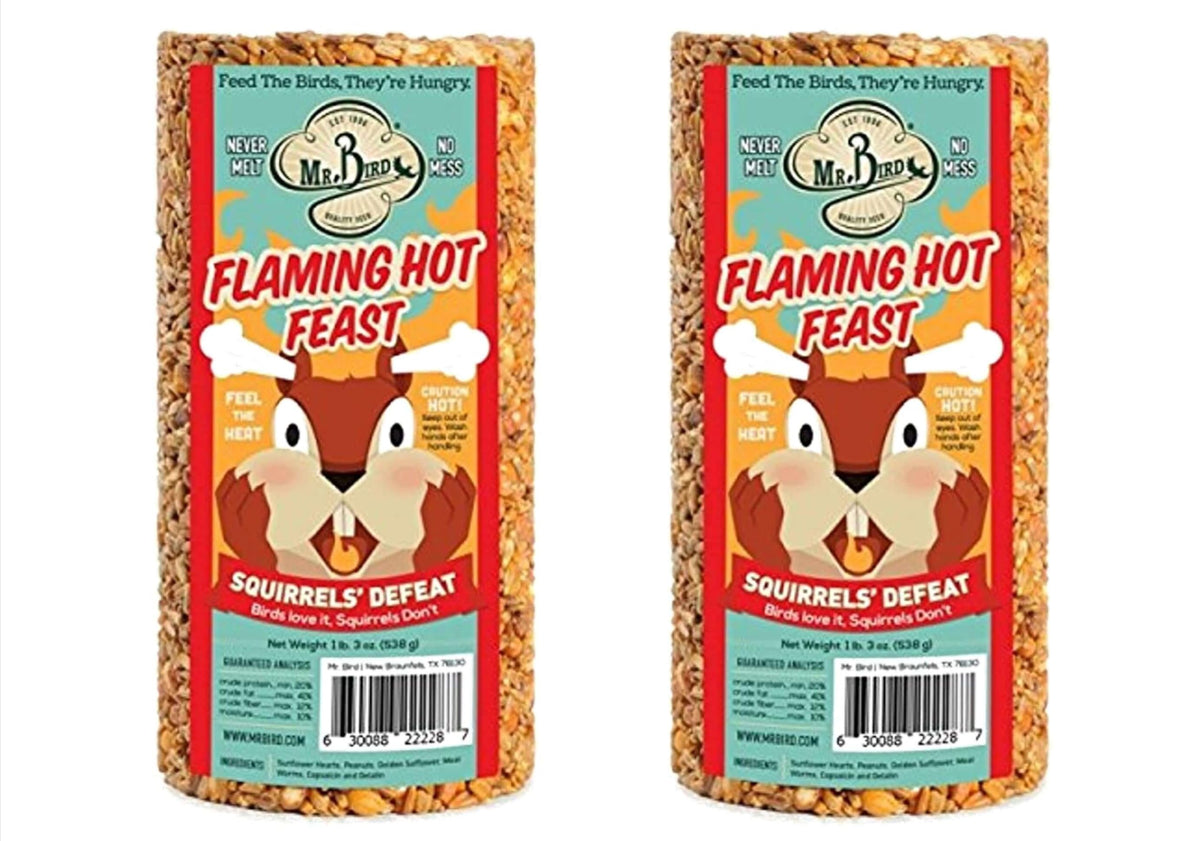 Mr. Bird Flaming Hot Feast cylinder attracts a variety of backyard birds to the feeder year-round