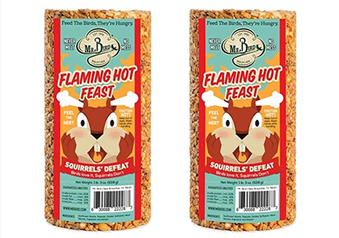 Mr. Bird Flaming Hot Feast cylinder attracts a variety of backyard birds to the feeder year-round