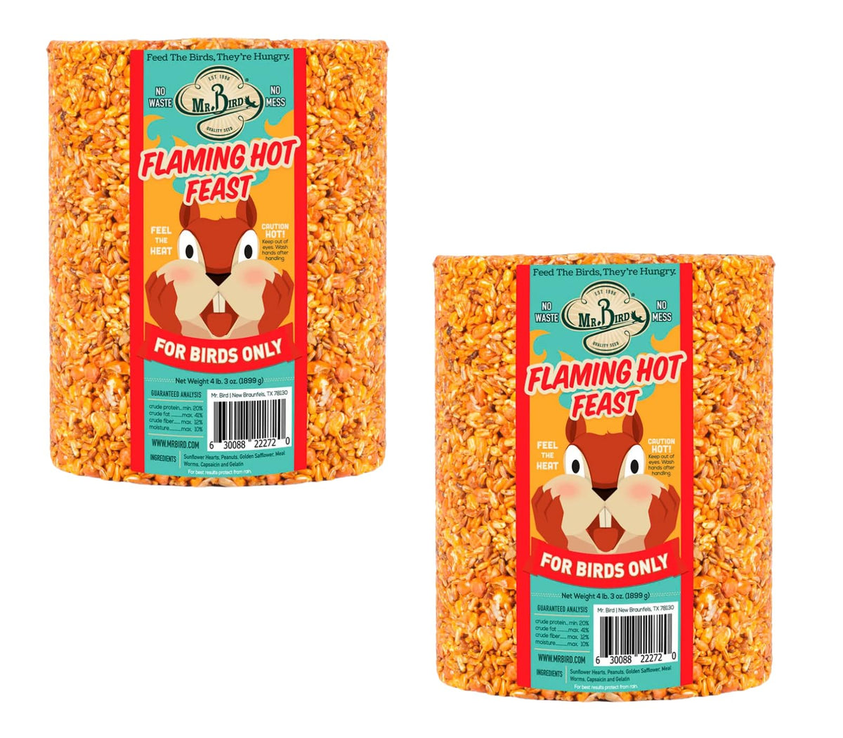 Mr. Bird Flaming Hot Feast seed cylinder front view attracts diverse backyard birds all year