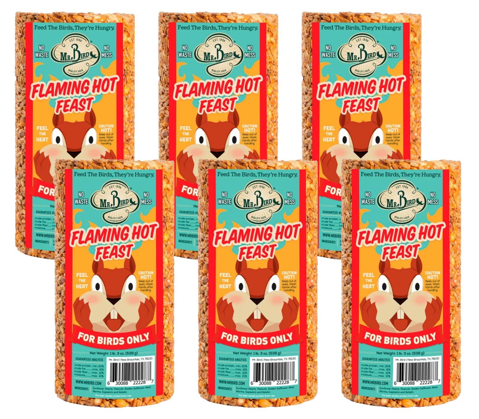 Mr. Bird Flaming Hot Feast seed cylinder, front view, compact design attracts backyard birds