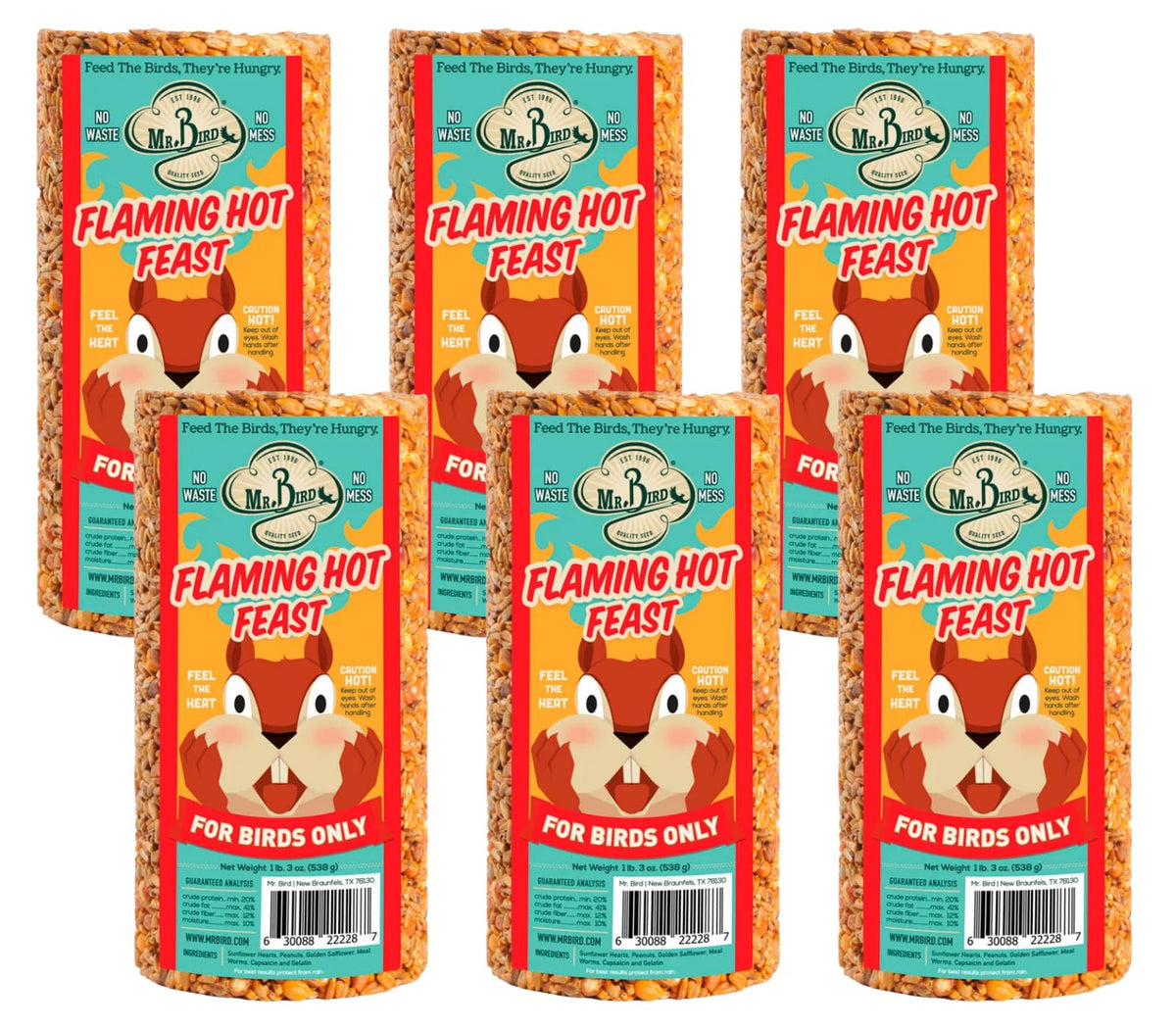 Mr. Bird Flaming Hot Feast seed cylinder, front view, compact design attracts backyard birds