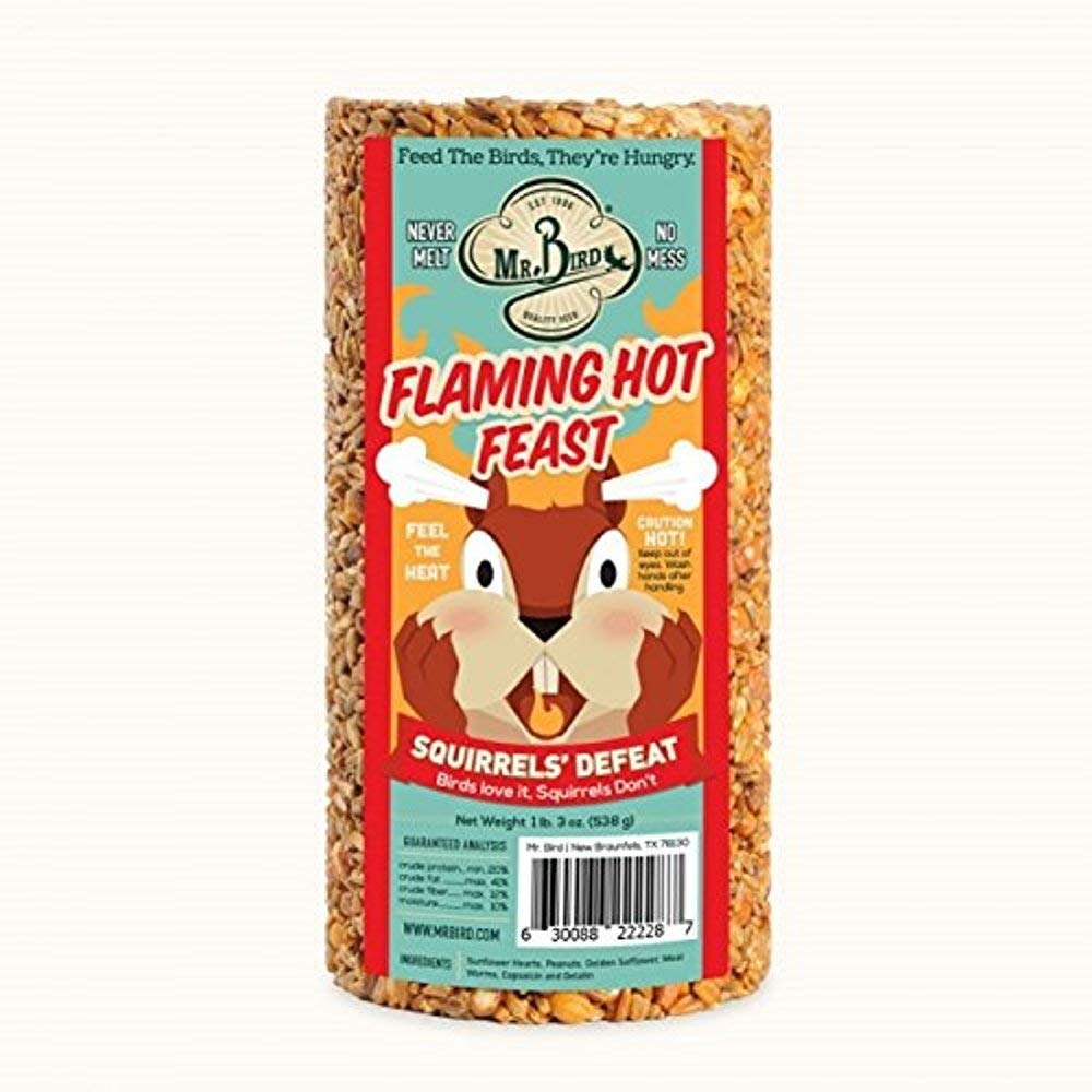 Mr. Bird Flaming Hot Feast hanging-net setup deters squirrels and attracts birds