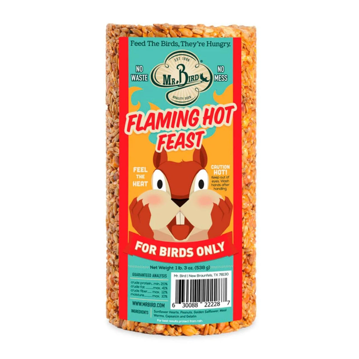 Mr. Bird Flaming Hot Feast small cylinder packaging ready for year-round bird feeding