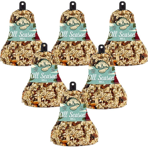 Mr. Bird fruit-nut-seed-bell-hanging attracts a variety of birds with a mess-free, season-long display