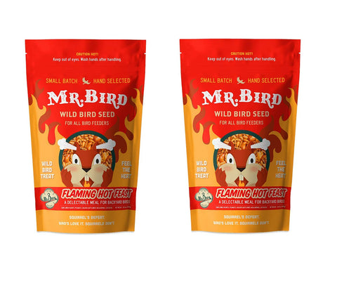 Mr. Bird loose seed bag shows the spicy blend deterring squirrels.