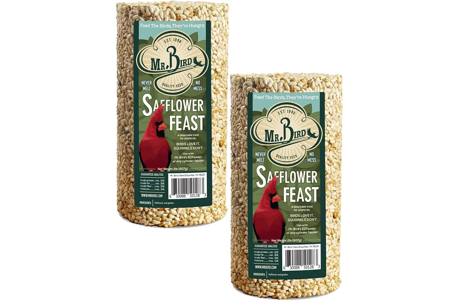Mr. Bird safflower feast seed cylinder 28oz on feeder attracts cardinals and blue jays
