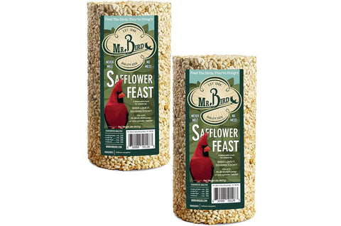 Mr. Bird safflower feast seed cylinder 28oz on feeder attracts cardinals and blue jays