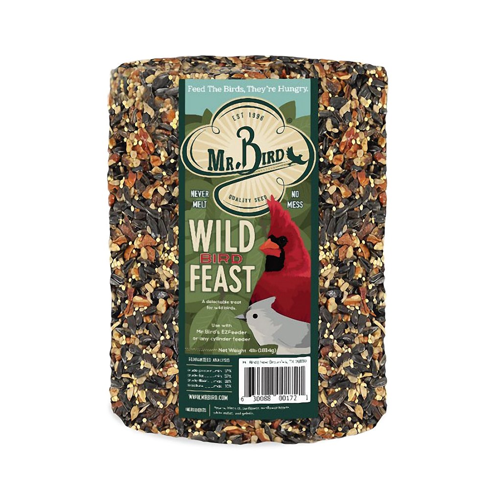 Mr. Bird Wild Bird Feast seed cylinder enables year-round feeding with minimal waste