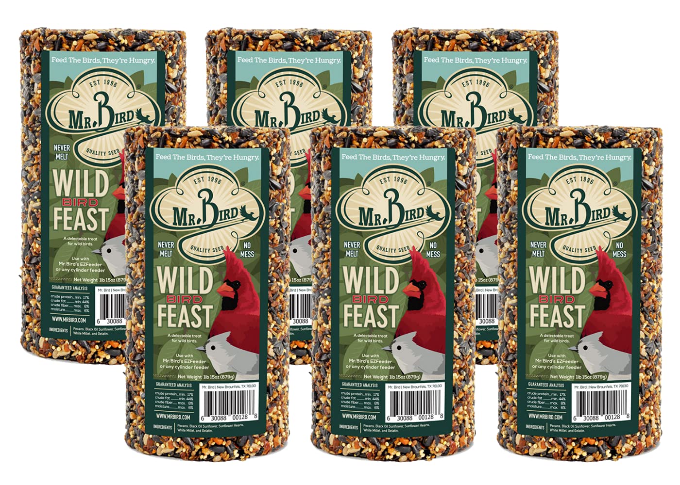 Mr. Bird Wild Bird Feast cylinder hanging on a feeder attracting diverse backyard birds