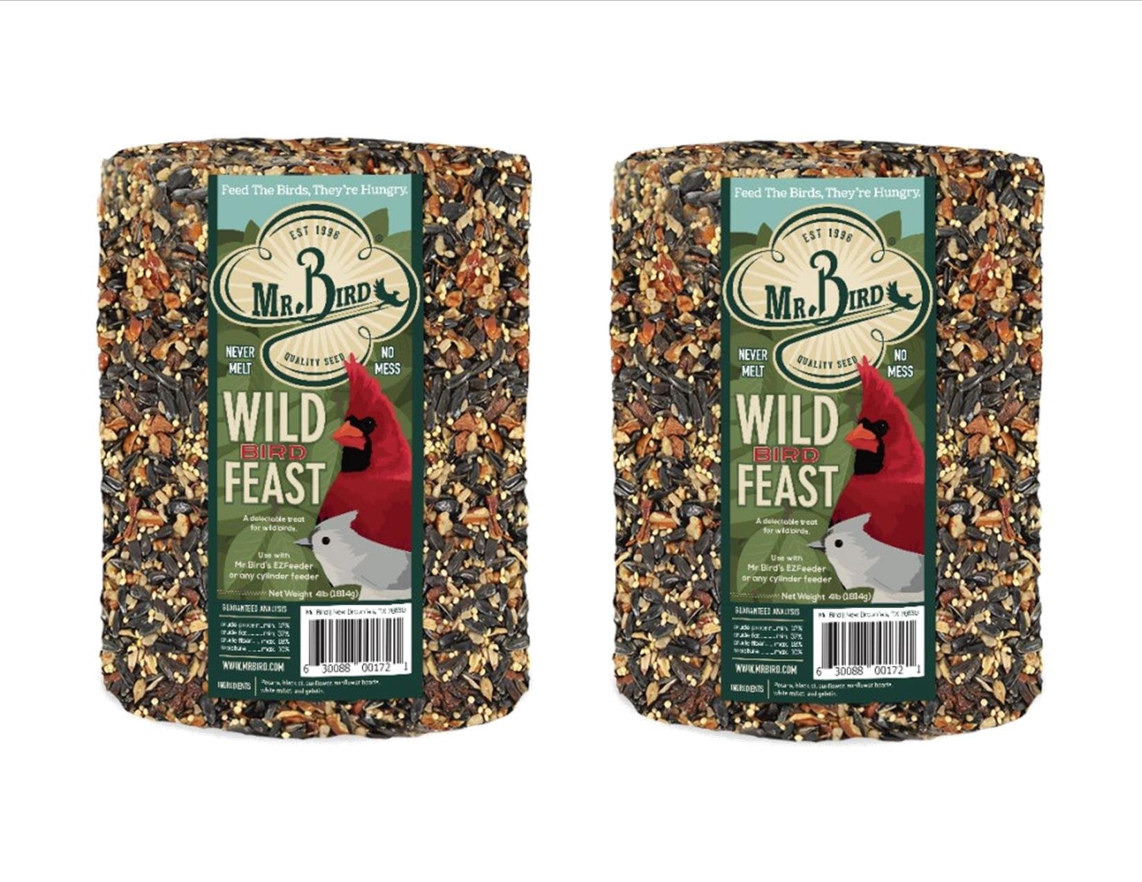 Two-cylinder Mr. Bird Wild Bird Feast bundle attracts a variety of backyard birds.