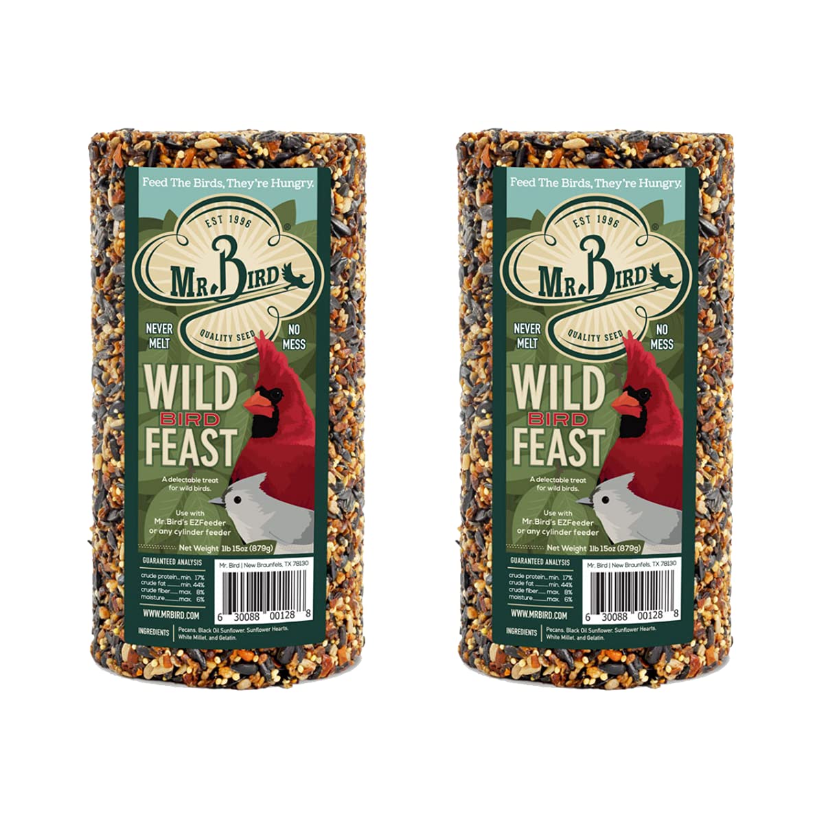 Mr. Bird Wild Bird Feast cylinder in net attracts a diverse backyard bird variety for year-round feeding.