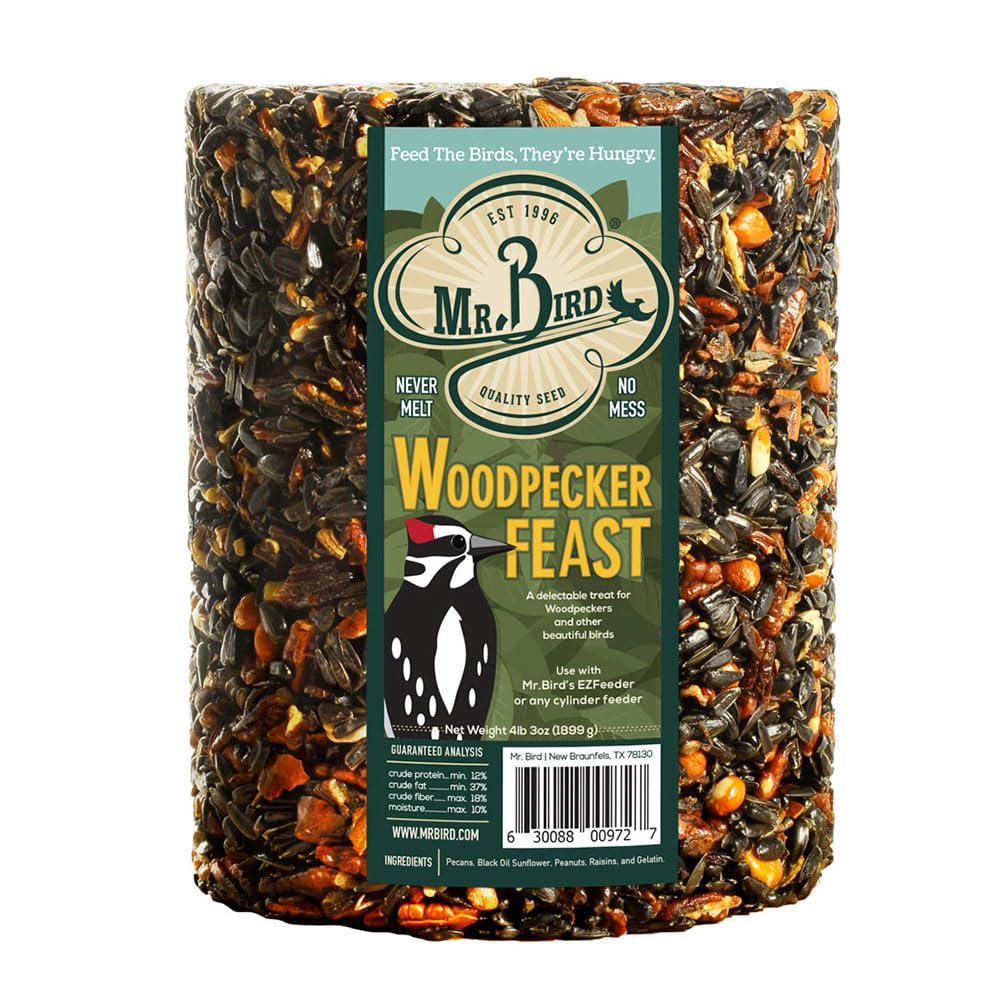 Mr. Bird Woodpecker Feast birdseed cylinder fuels woodpeckers and other fruit- and nut-loving birds.