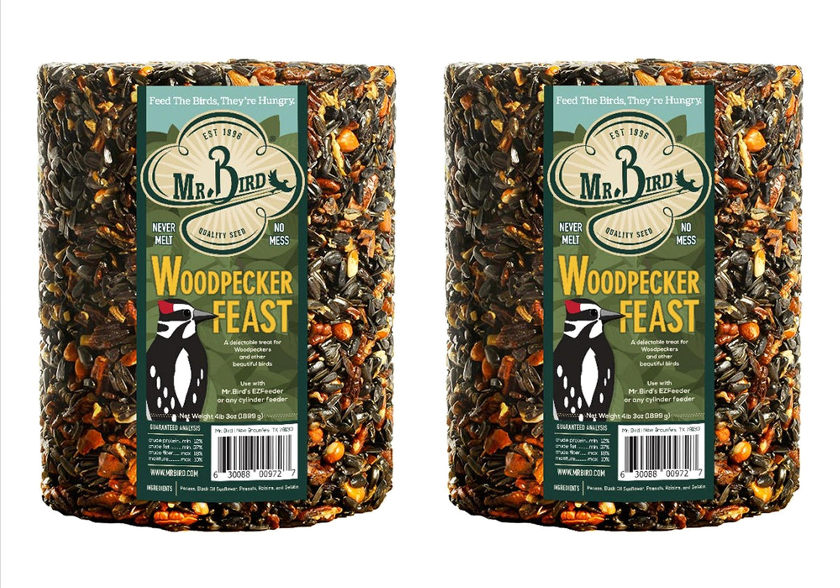 Mr. Bird Woodpecker Feast Cylinder; a protein-rich snack attracting woodpeckers to the feeder.