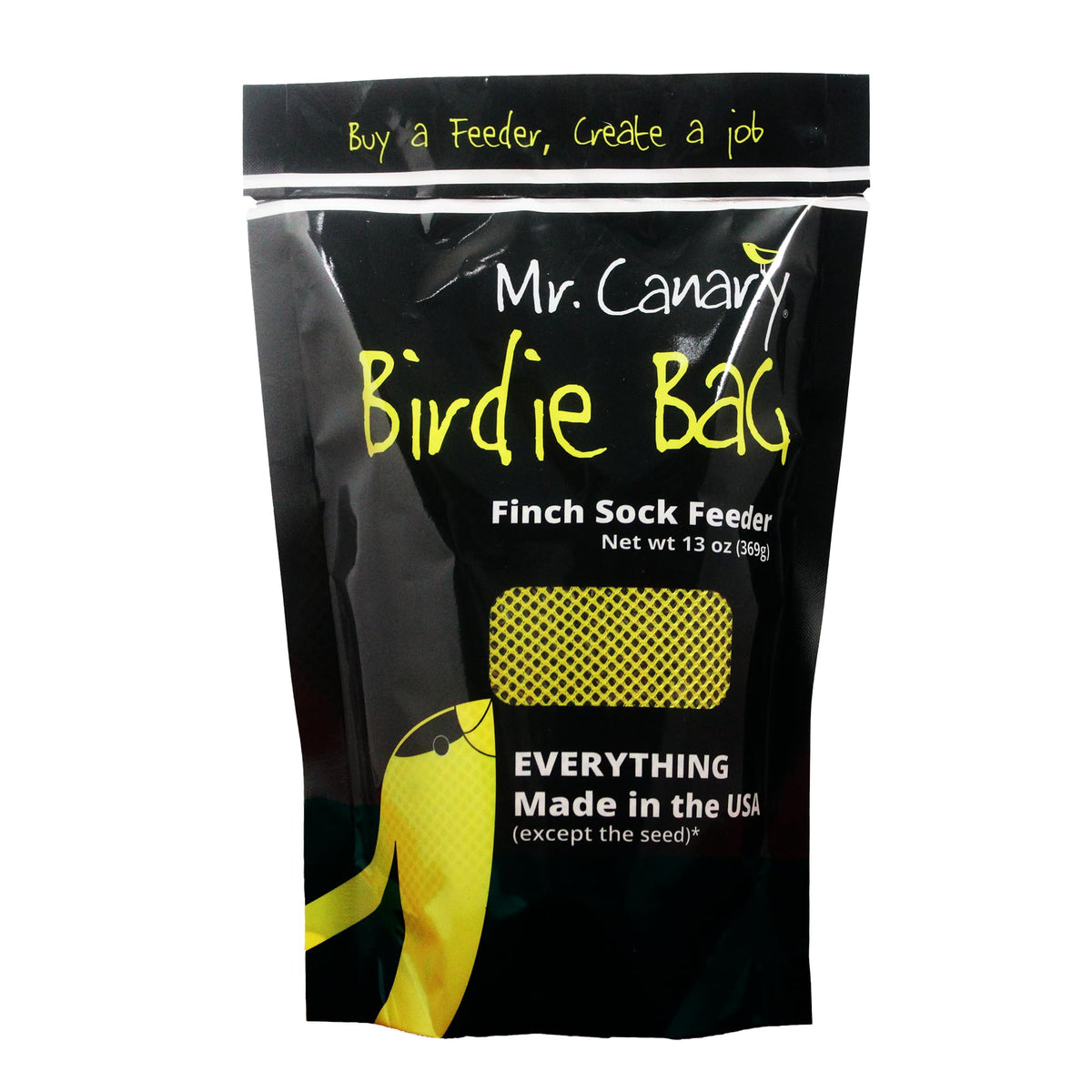 Mr. Canary Birdie Bag feeder hanging with seeds for backyard birds.