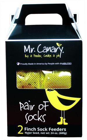 Mr. Canary yellow Finch Sock Feeders 2-pack hanging in a sunny garden for easy viewing