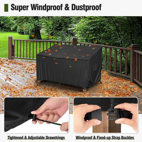 MR.COVER secure cover on outdoor sofa demonstrates wind and rain protection.