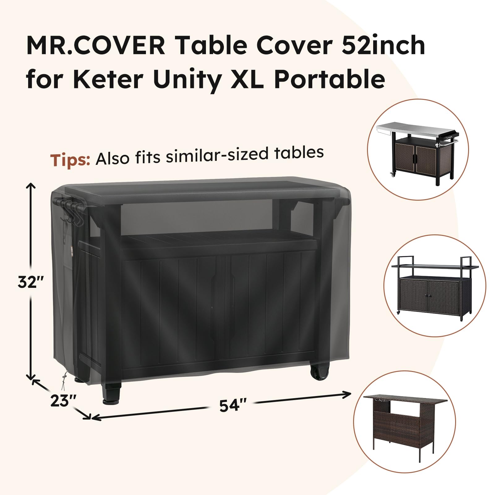 MR. COVER tear-resistant fabric protects the table in any season.