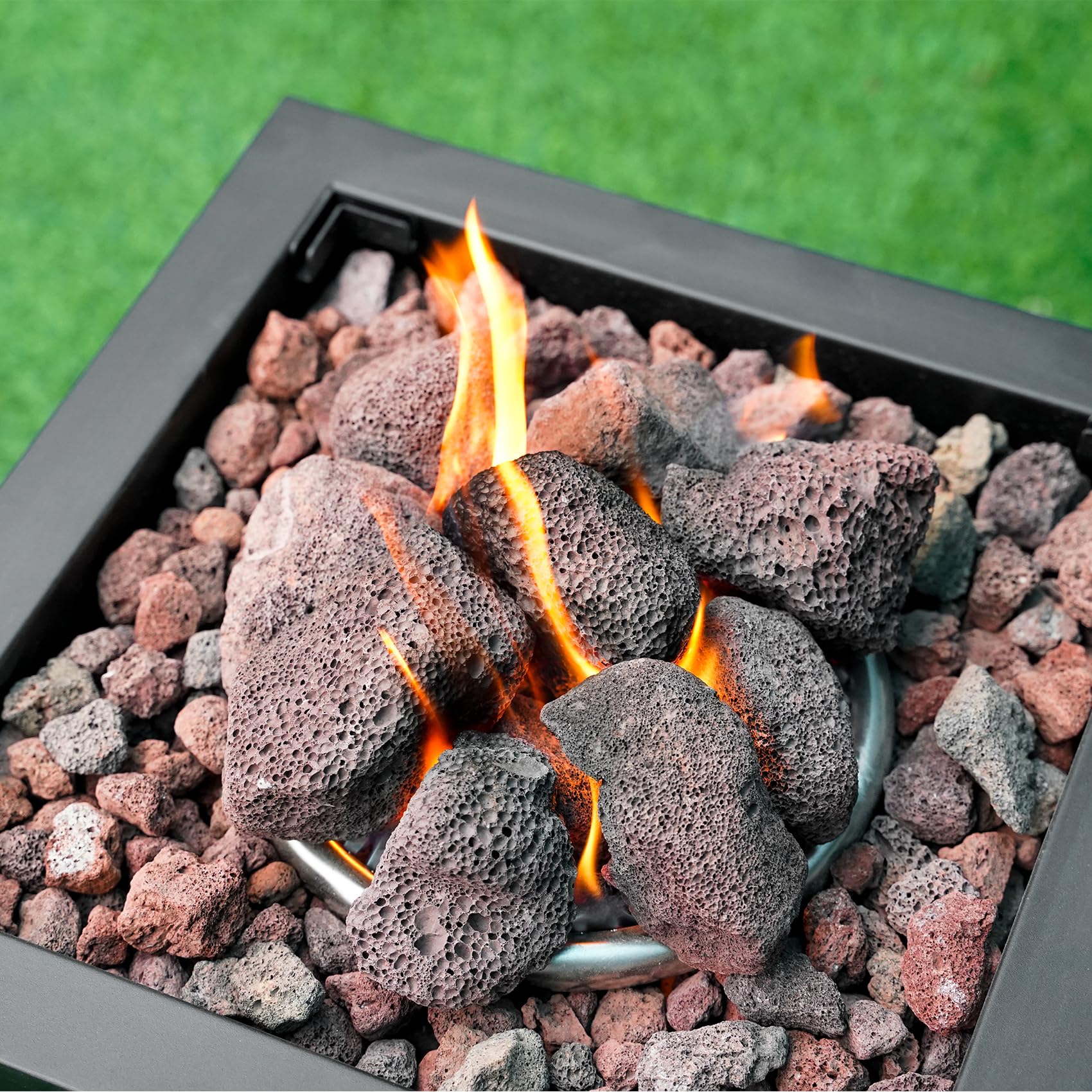 Mr. Fireglass lava rock granules on a fire table add decorative texture.