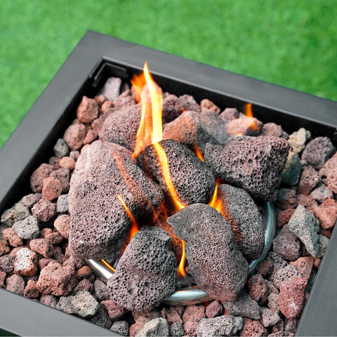 Mr. Fireglass lava rock granules on a fire table add decorative texture.
