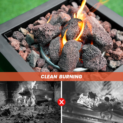 Mr. Fireglass lava rocks with gas log sets provide a clean-burning backdrop.