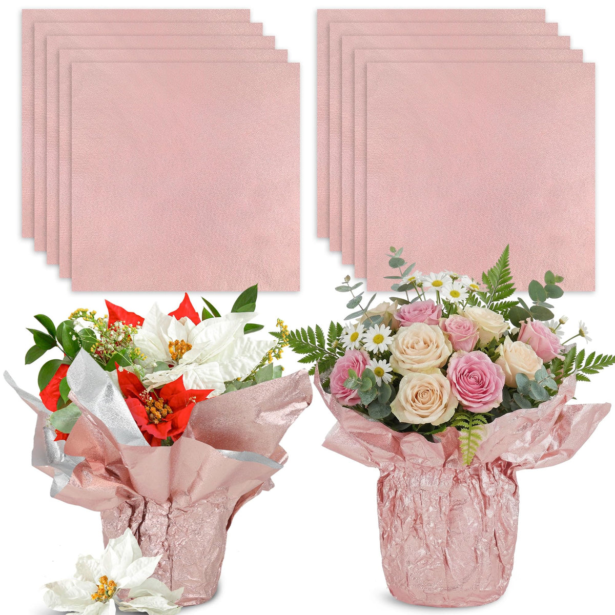 MR FIVE pink floral foil wrap for pots; quick-to-use decor boost.