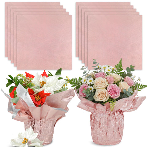 MR FIVE pink floral foil wrap for pots; quick-to-use decor boost.