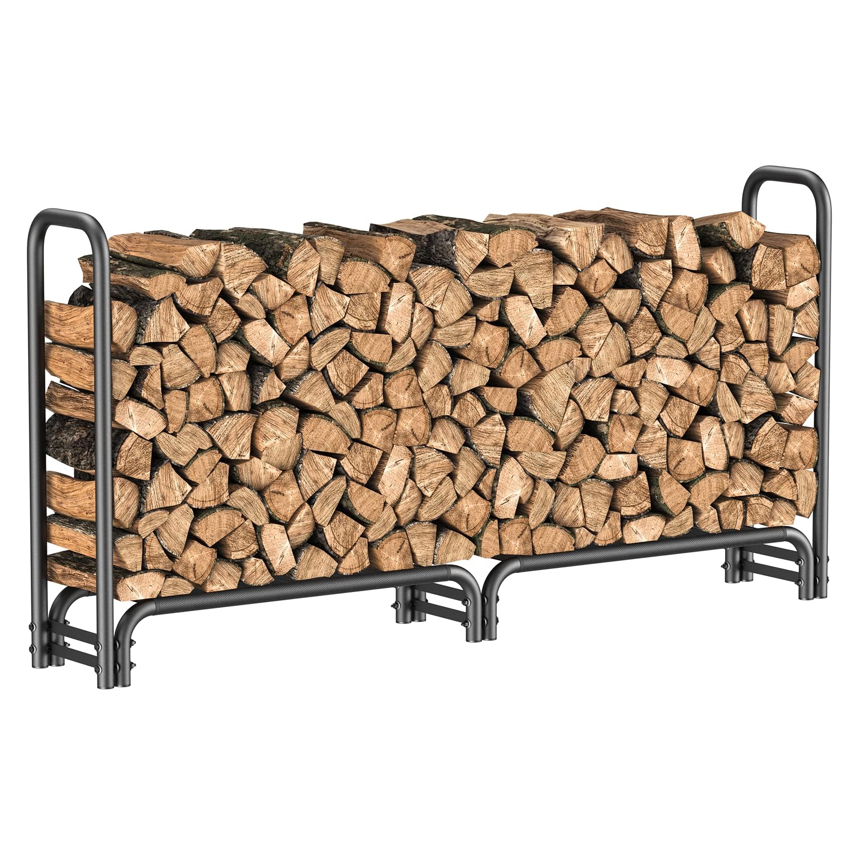 Mr IRONSTONE 8ft firewood rack outdoor with mesh base promotes dry, organized logs.