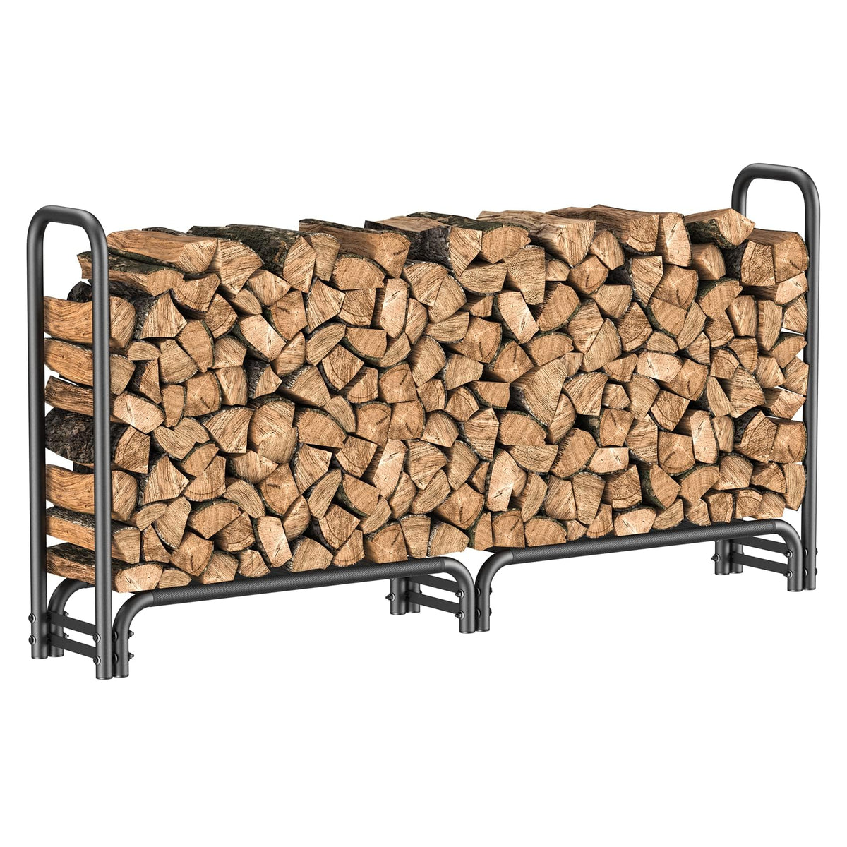 Mr IRONSTONE 8ft firewood rack outdoor with mesh base promotes dry, organized logs.