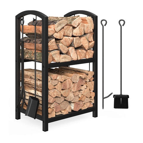 Mr IRONSTONE firewood rack front view with tools beside the hearth.