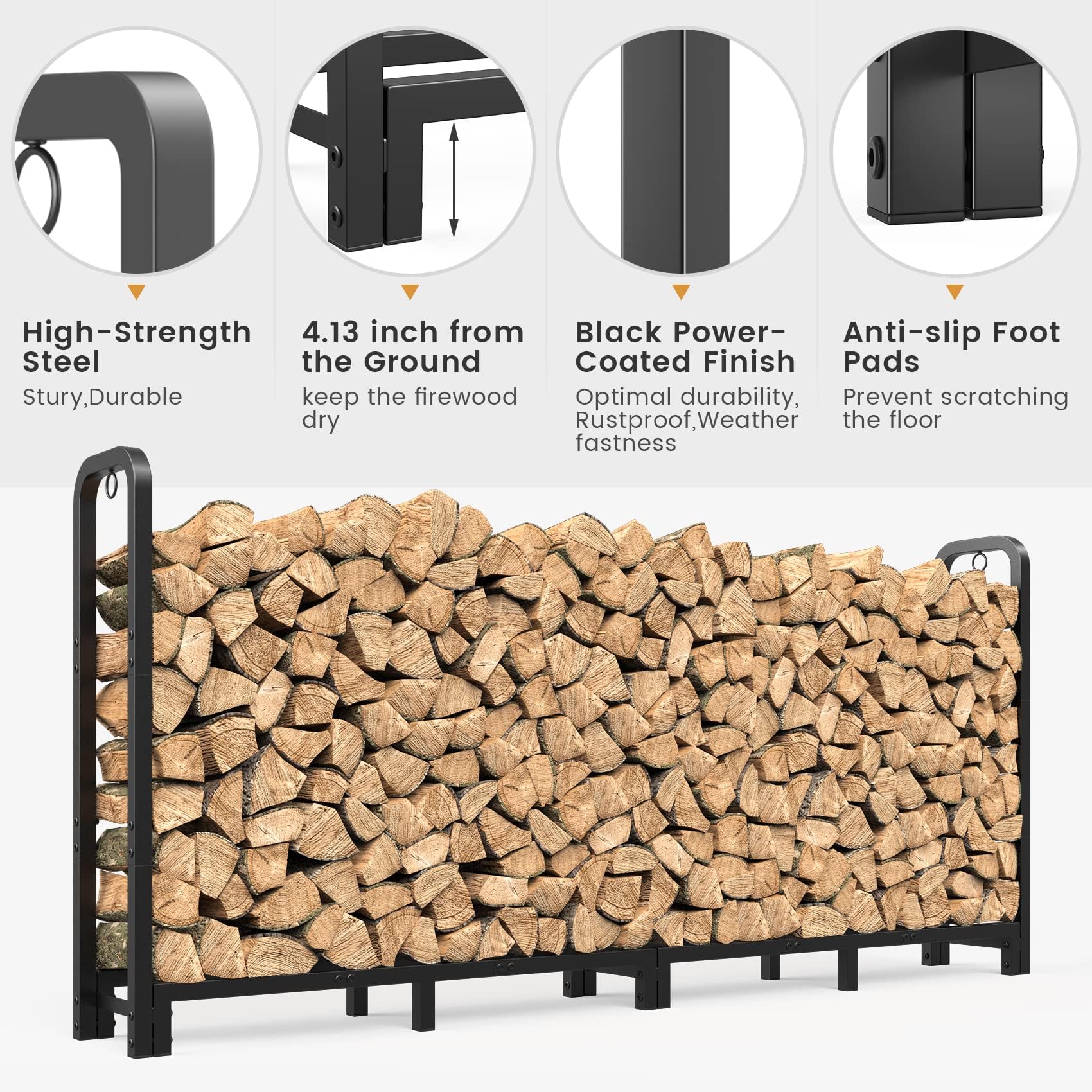 Mr IRONSTONE firewood rack raised 4.13-inch ground clearance improves airflow