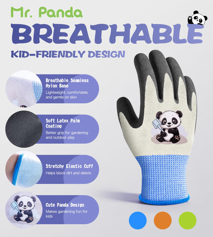 Mr. Panda kids gardening gloves latex coating close-up highlighting non-slip grip