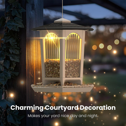 MrCrafts Nature LED lights glow at dusk on solar bird feeder