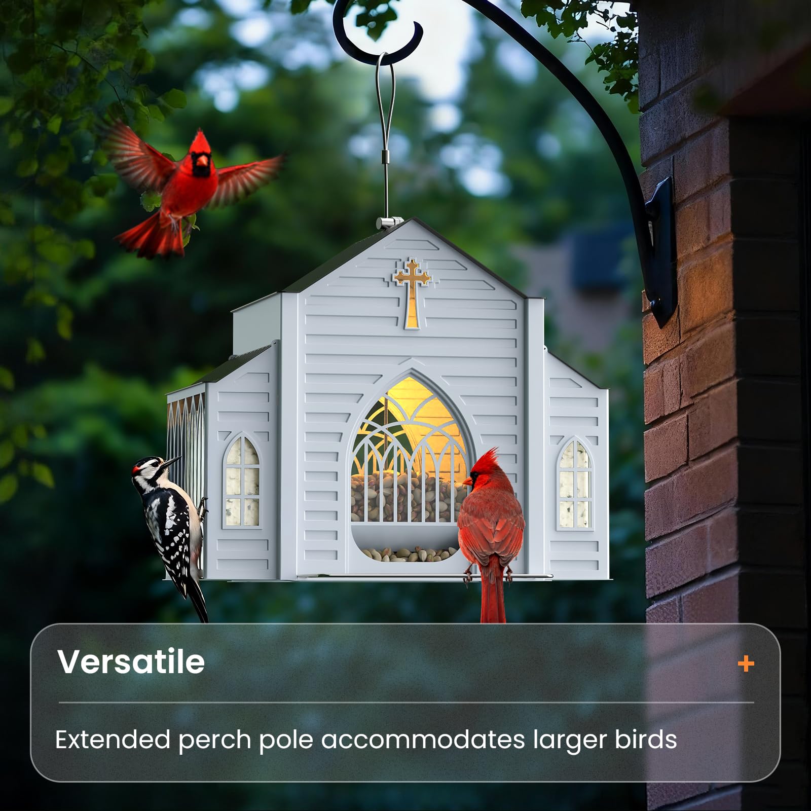 MrCrafts Nature solar-powered light illuminates feeders at night for nearby birds.