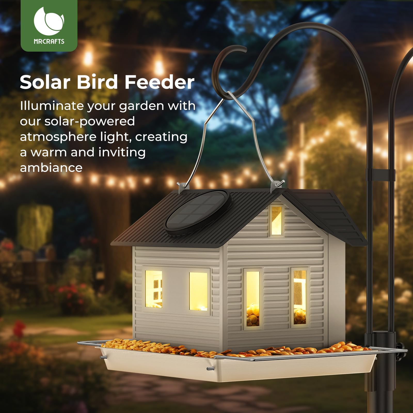 Mrcrafts Solar Bird Feeder’s solar panel powers LED night lighting for birds