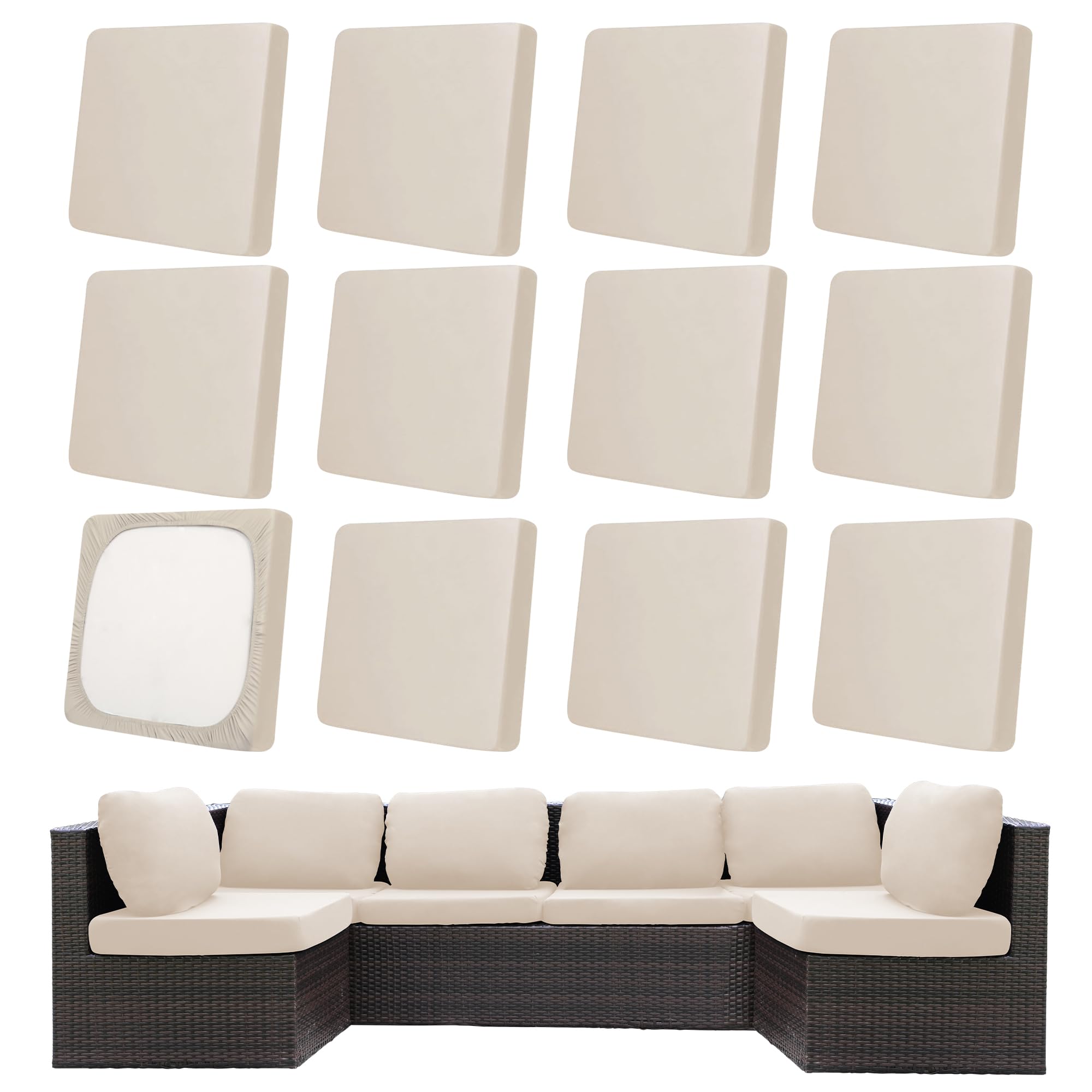 MRGSDL 12-piece beige patio cushion covers on outdoor furniture, durable and versatile.