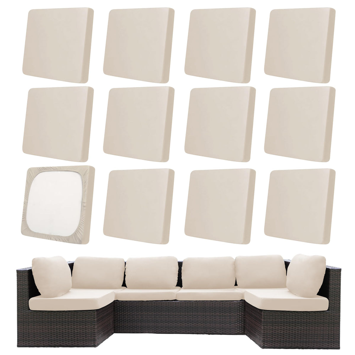 MRGSDL 12-piece beige patio cushion covers on outdoor furniture, durable and versatile.