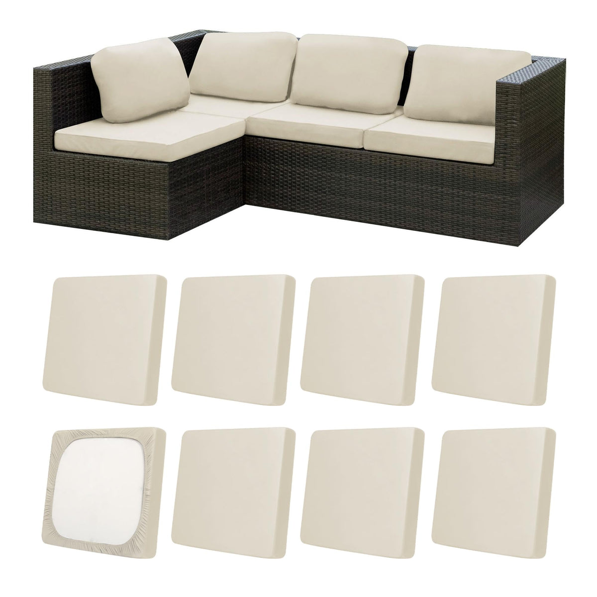 MRGSDL beige outdoor cushion cover on sofa, durable for outdoor use.