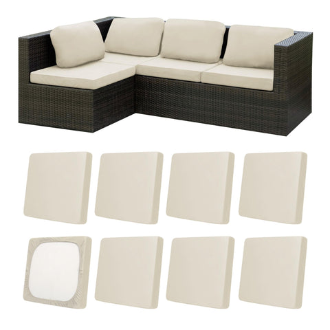 MRGSDL beige outdoor cushion cover on sofa, durable for outdoor use.