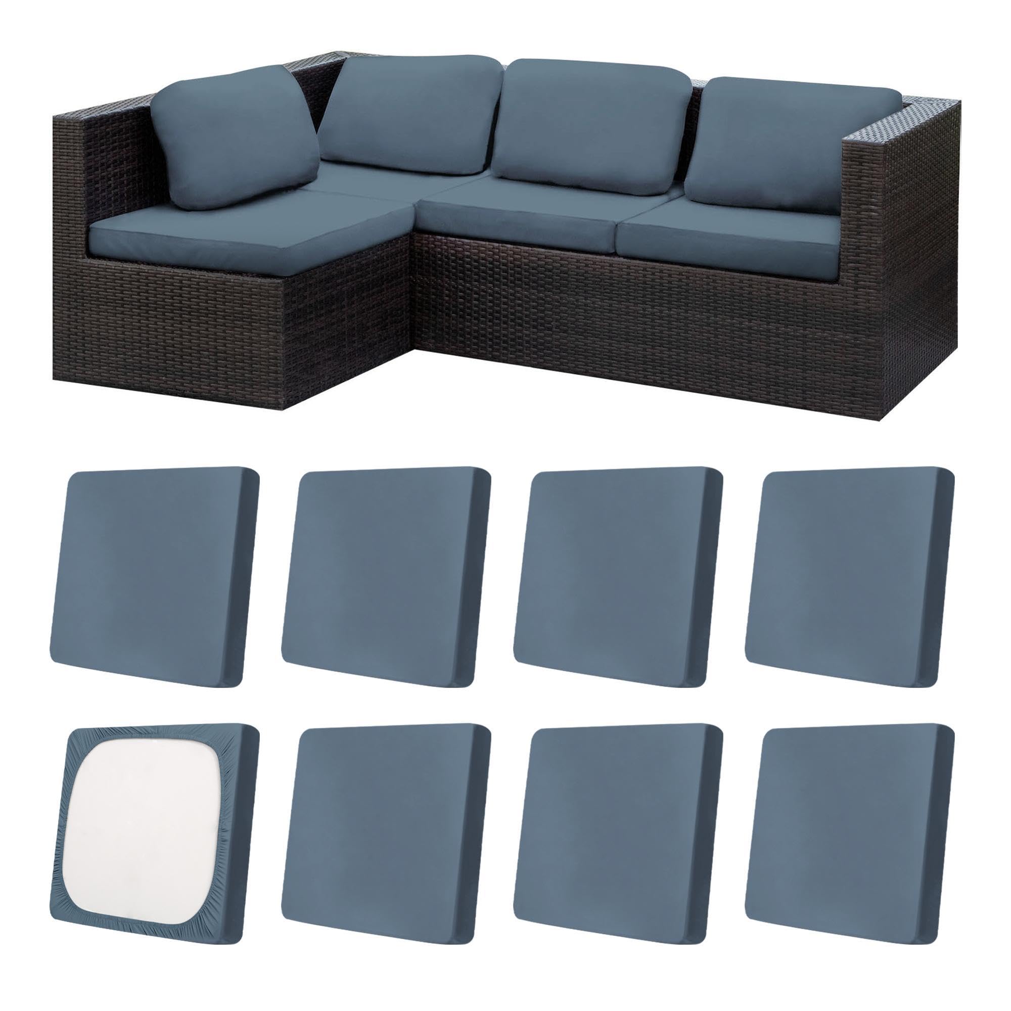 MRGSDL outdoor cushion cover in grey blue with stretch fit for a snug look.
