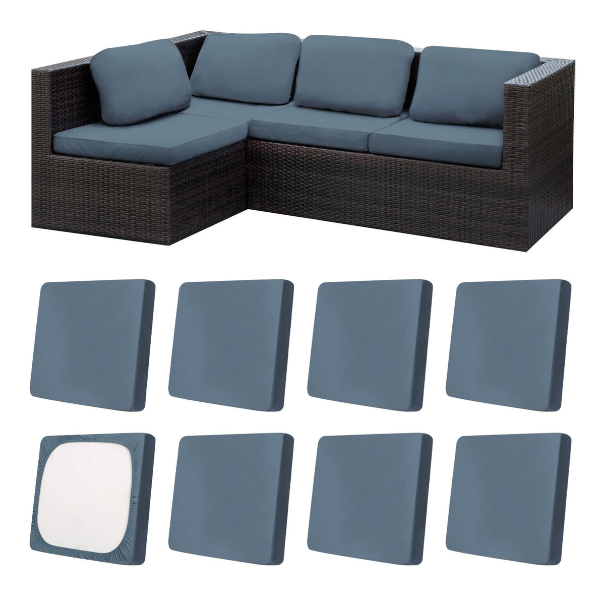 MRGSDL outdoor cushion cover in grey blue with stretch fit for a snug look.