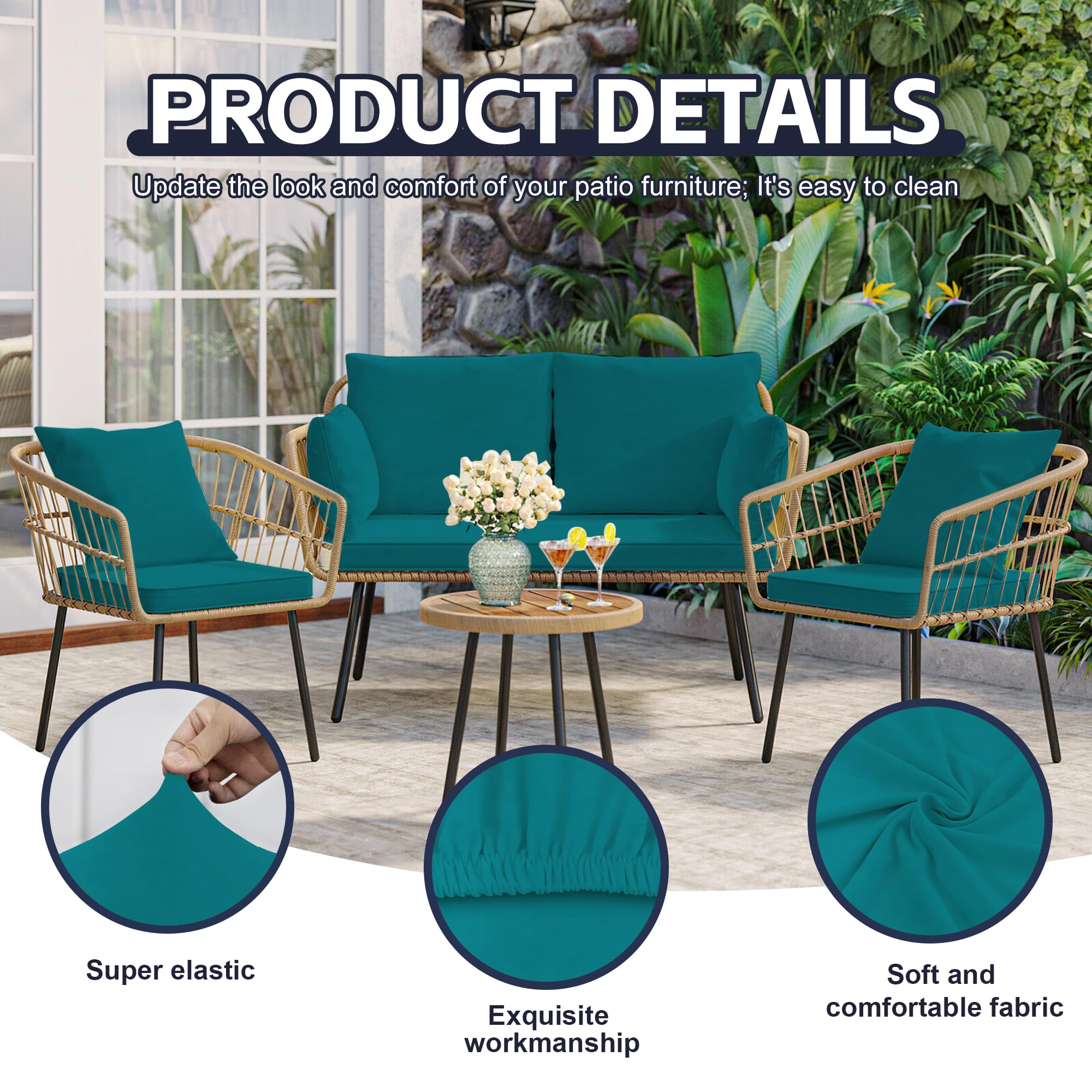 MRGSDL stretch cushion cover in peacock blue preserves shape and resists wrinkles.
