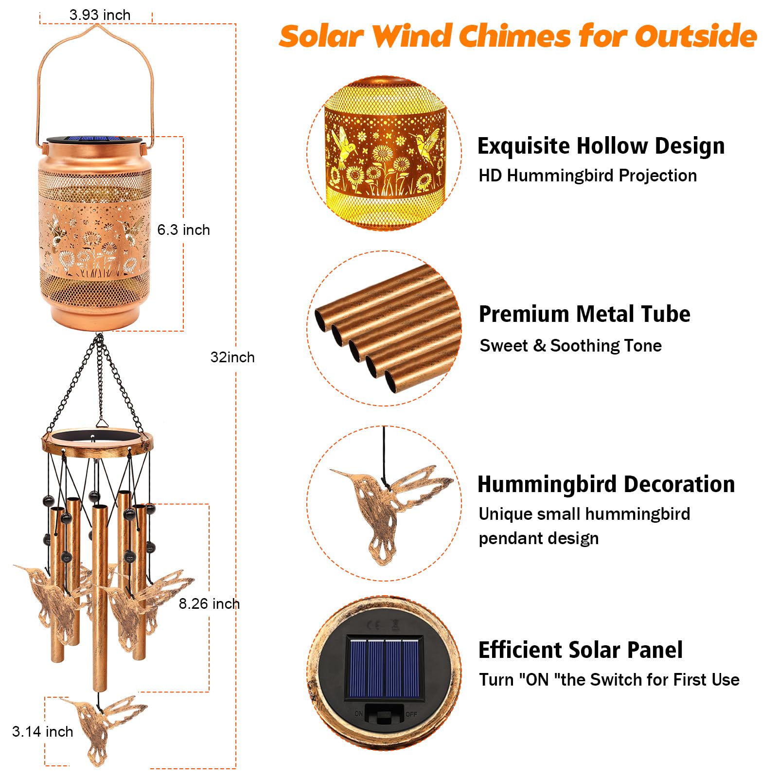 MRHEPHAESTUS hummingbird solar wind chime outdoor lantern adds nighttime glow to patios
