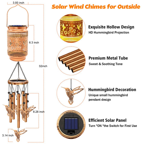 MRHEPHAESTUS hummingbird solar wind chime outdoor lantern adds nighttime glow to patios