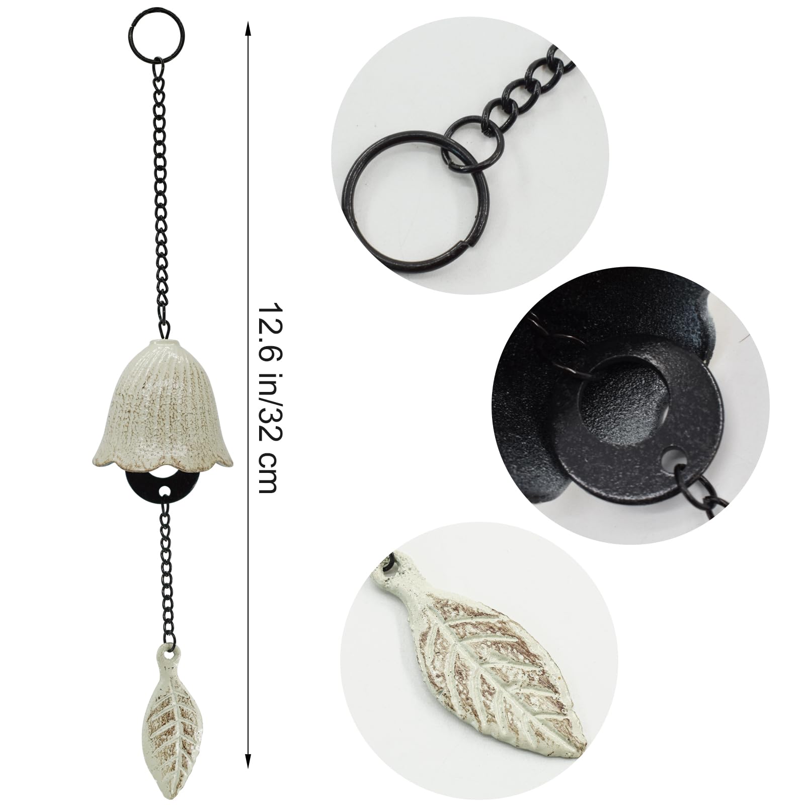 Closeup of MrMrKura cast iron leaf wind chime highlighting vintage craftsmanship