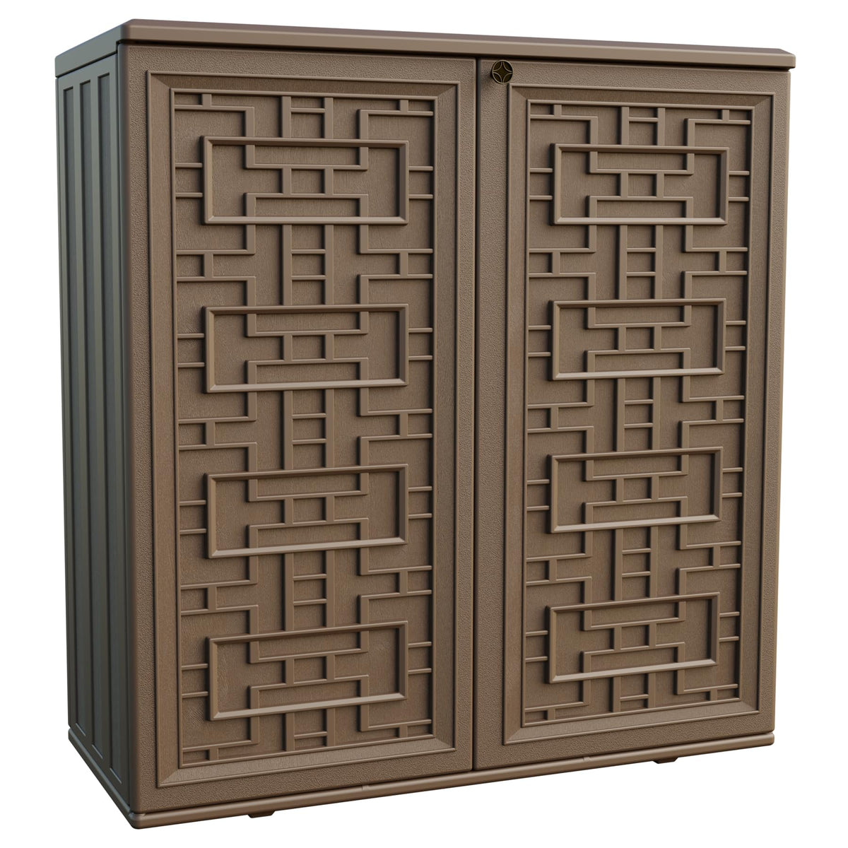 Mrosaa outdoor storage cabinet with closed doors protects tools from rain.